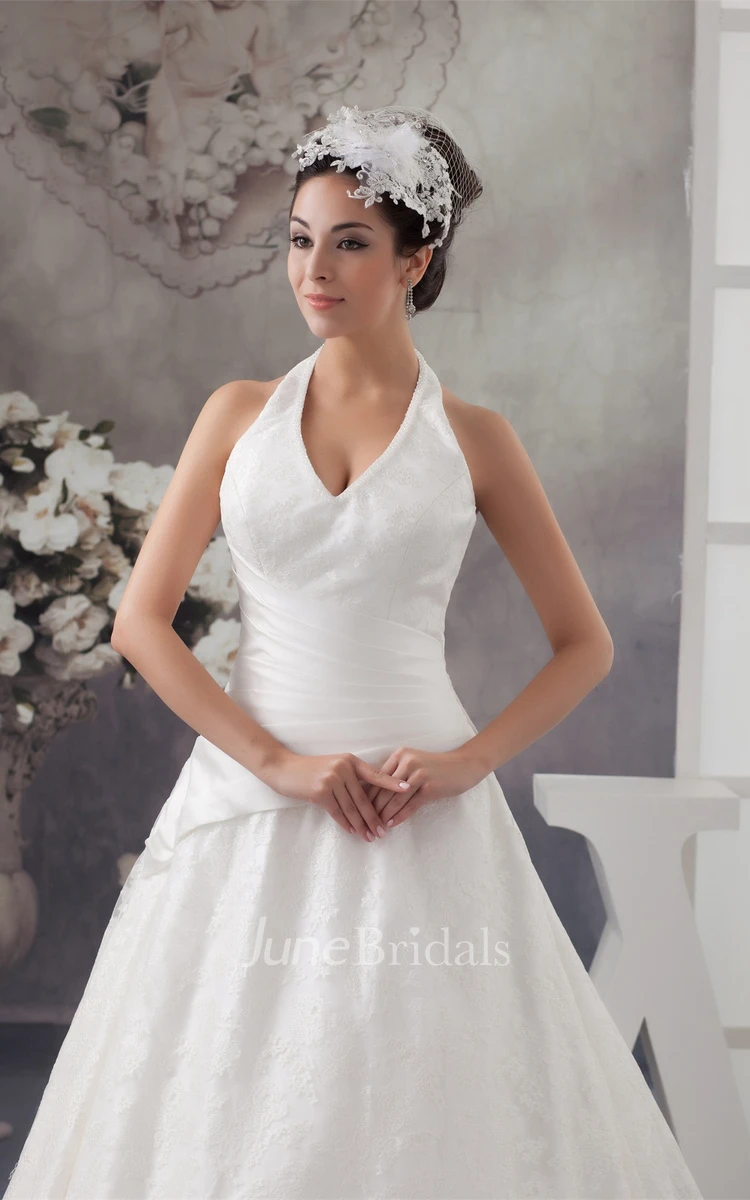 Sleeveless A-Line Appliqued Gown with Ruching and Halter