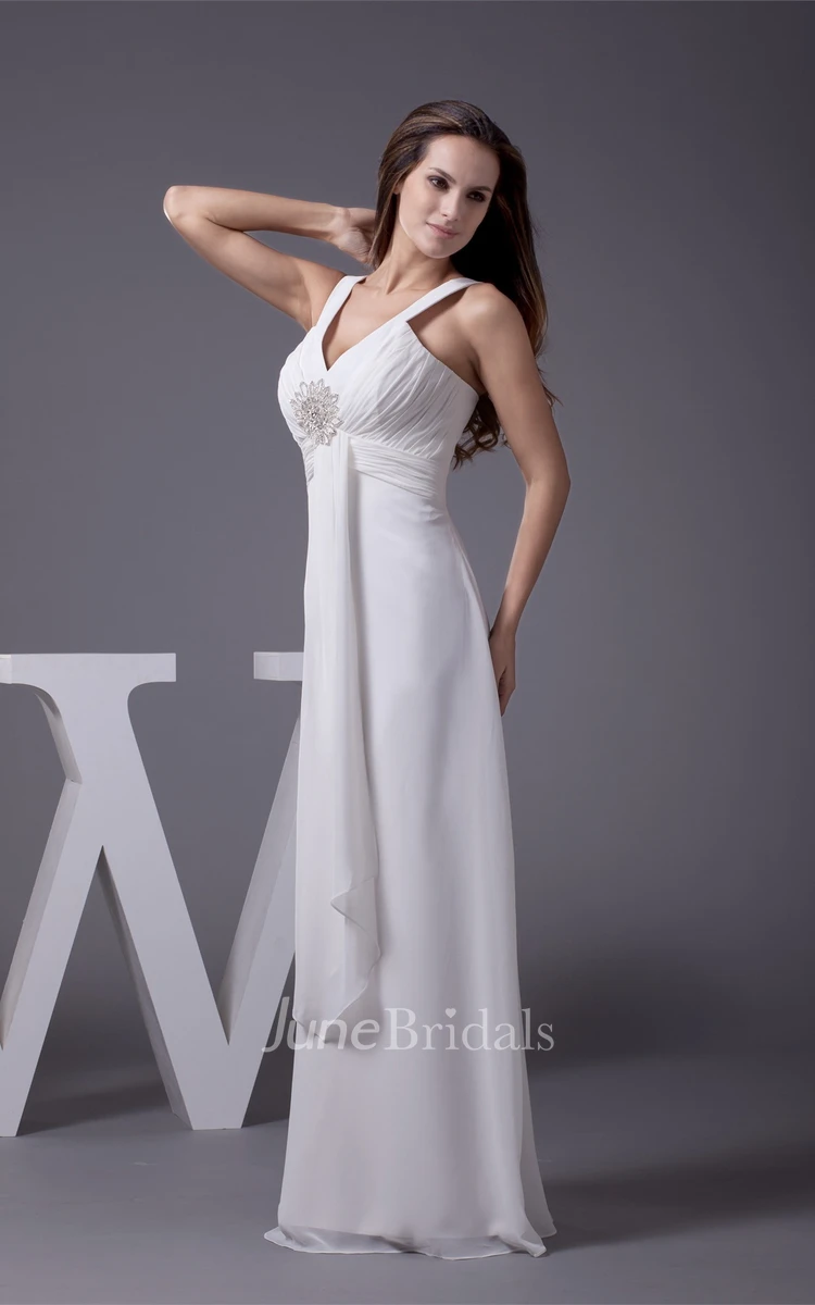Strapless V-Neck A-Line Floor-Length Dress with Side Draping and Flowered Beadings