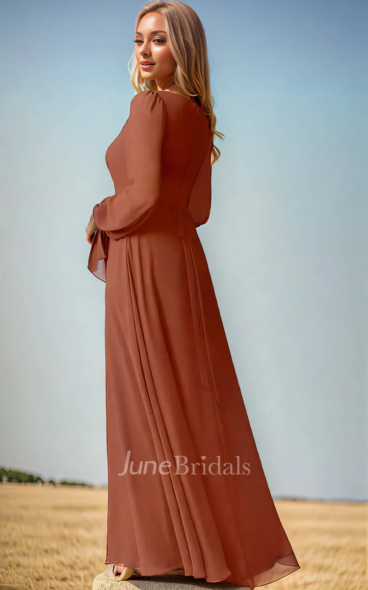 Vintage Elegant Chiffon Square Neck A-Line Bridesmaid Dress Simple Solid Puff Long Sleeve Floor-length Zipper Back Sash Split Bridesmaid Gown