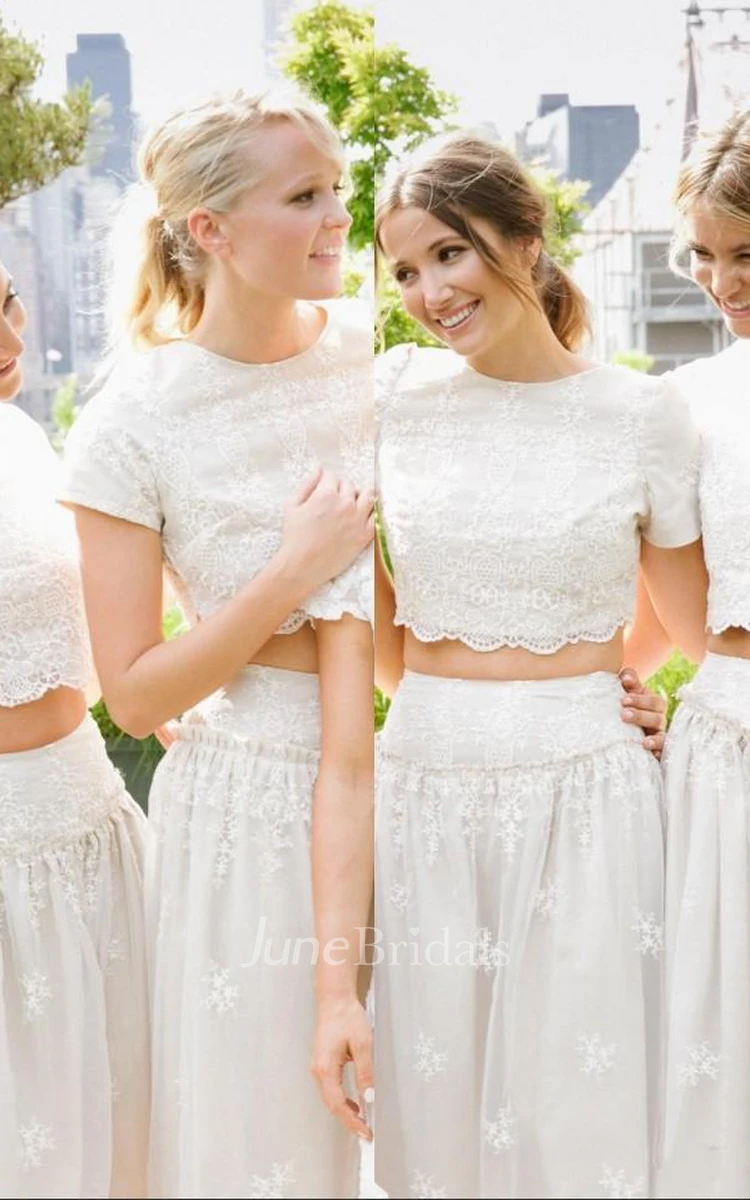 Modern White Two Piece A-line Bridesmaid Dress Lace Short Sleeve Jewel