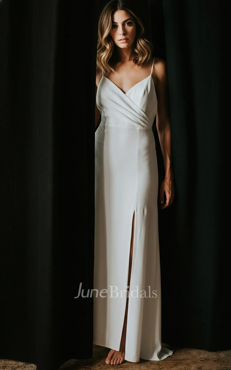 Simple Sheath V-Neck Spaghetti Wedding Dress Modern Backless Slit Bridal Gown