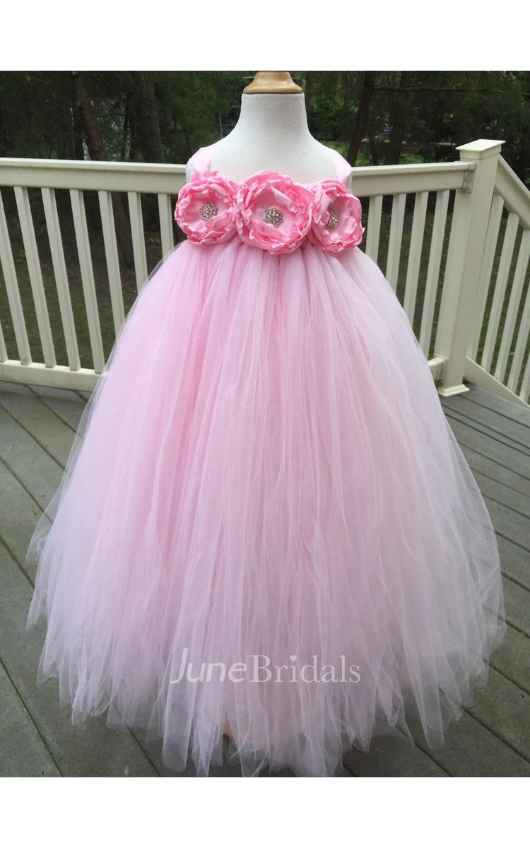 Chic Cap-sleeved Flower Bust Pleated Long Tulle Dress With Beading Detailing