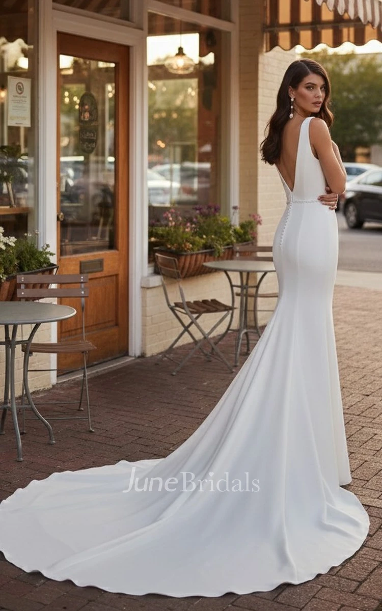 Minimalist Satin Wedding Dress Mermaid Sleeveless Deep V Neck Low Back Bridal Gown