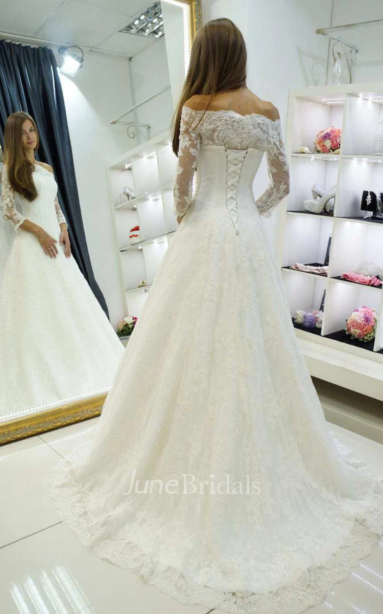 Off-The-Shoulder Long Sleeve Satin Beaded Lace Wedding Dress