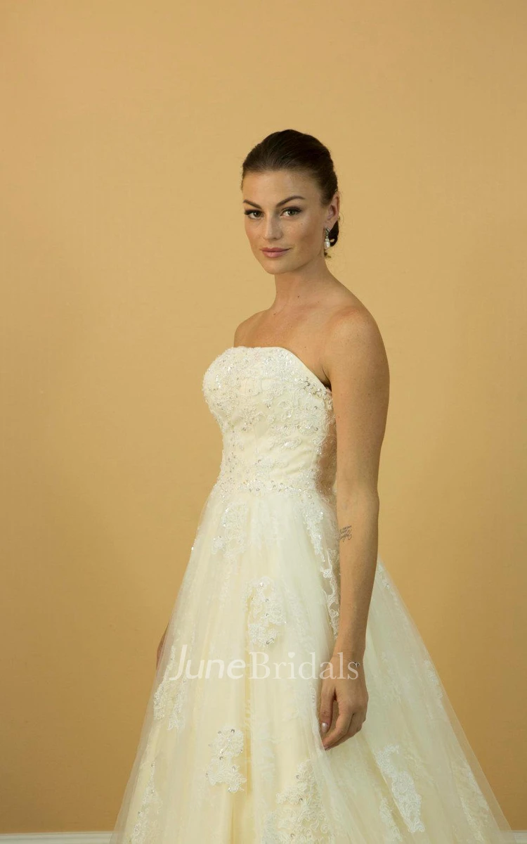 Strapless Long A-Line Appliqued Wedding Dress With Lace Trim