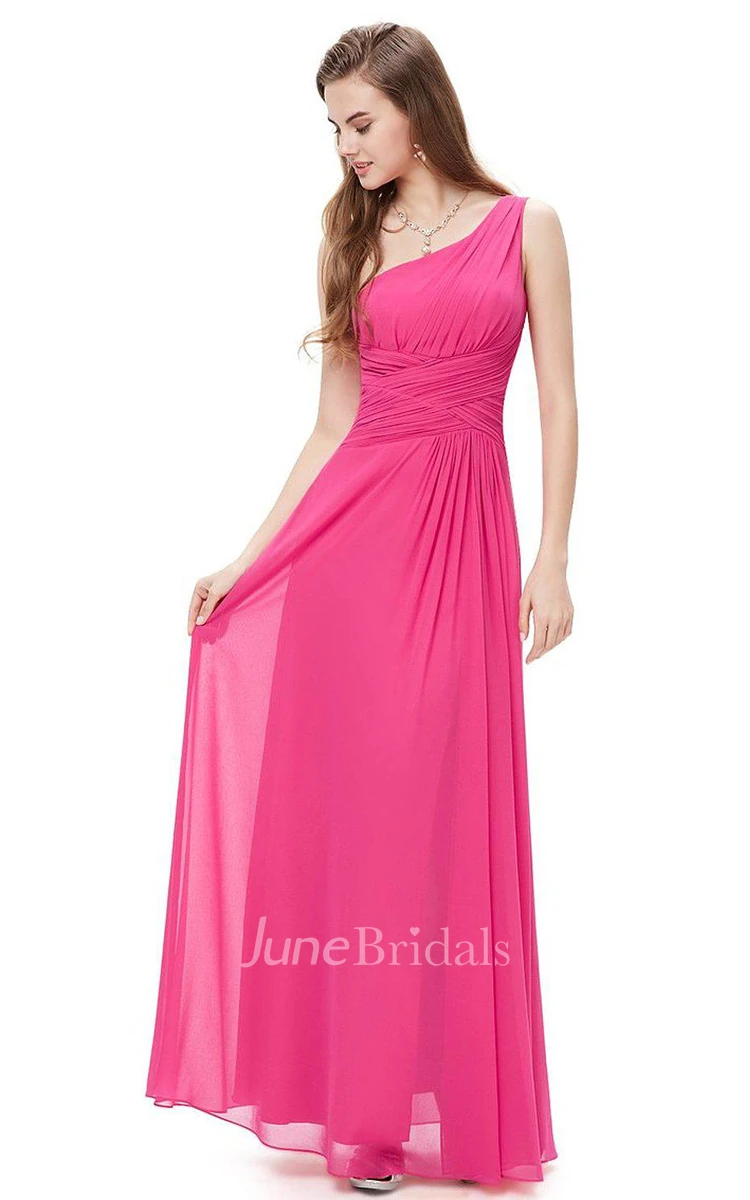 One-shoulder Ruched Chiffon Dress With Side Slit