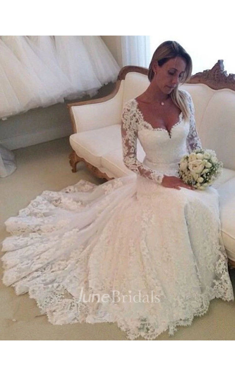 Illusion Lace Long Sleeve Low-v Neckline Pleated A-line Gown