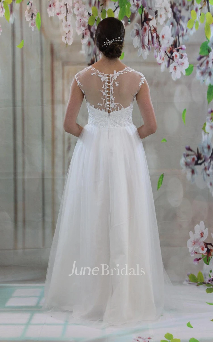 Illusion High Neck Cap Sleeve A-Line Tulle Wedding Dress With Lace Bodice