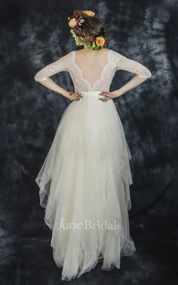 Vintage Tulle Lace V-Neck Half Sleeve Dress With Bow Draping