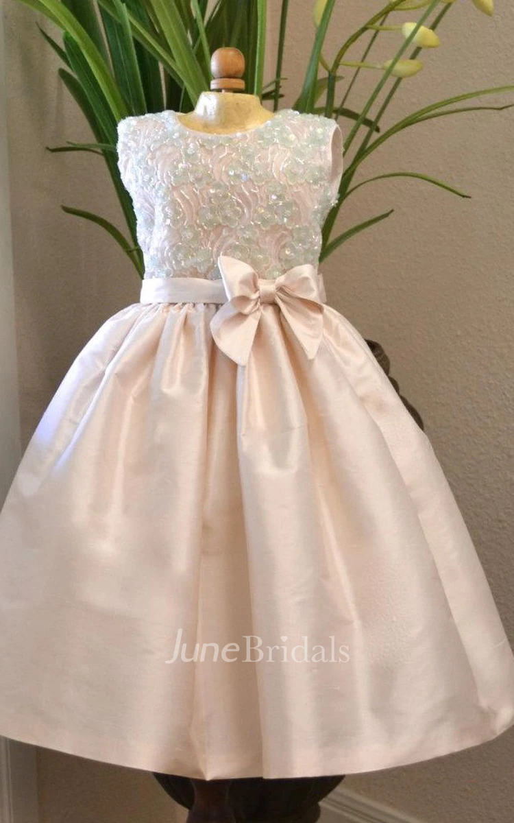 Sleeveless Jewel Pleated Lace Dress With Beading&Bow