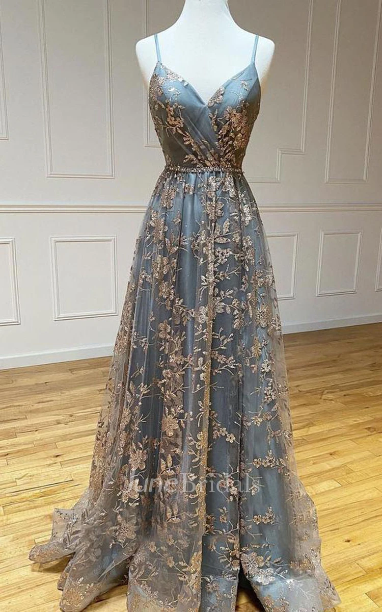 Romantic Sleeveless Floor-length Lace A Line Prom Dress with Appliques