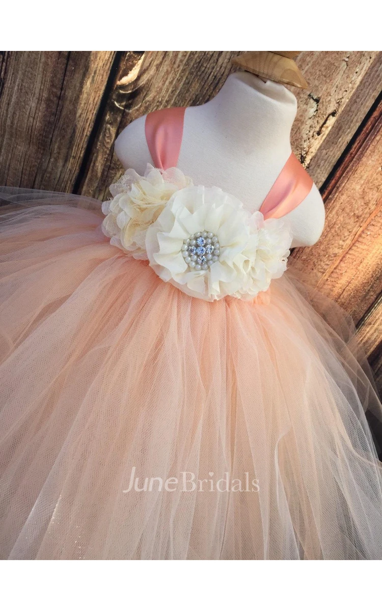 Peach and Ivory Sleeveless Rose Flower Bust Tulle Dress With Pleats