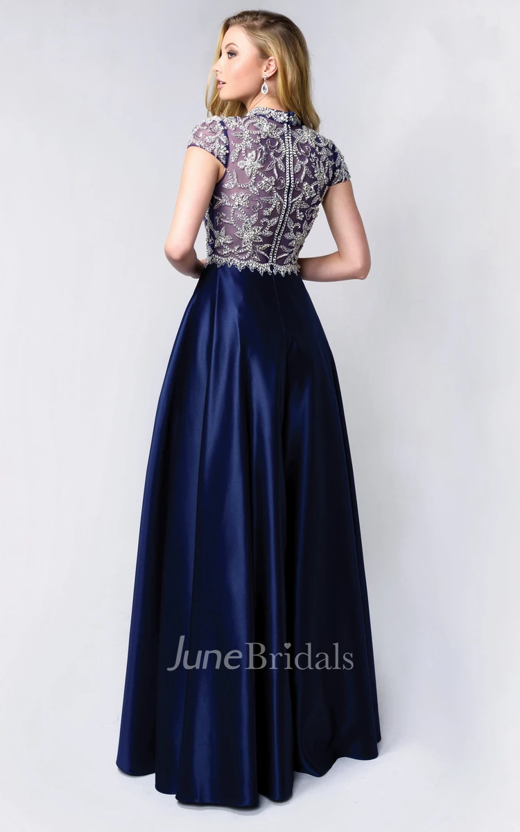 High Neck Short Sleeve A-line Satin Prom Dress With Beaded top