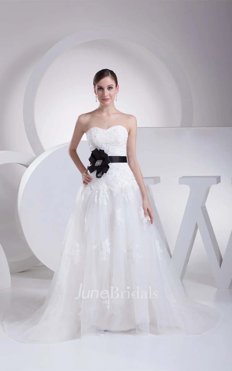Sweetheart Tulle A-Line Gown with Appliques and Beaded Bow