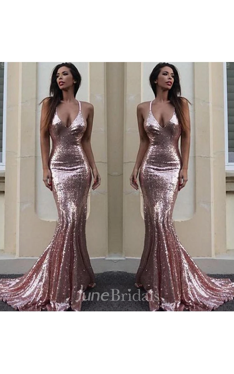 Sexy Backless Rose Gold Sequin Mermaid Evening Prom Dress