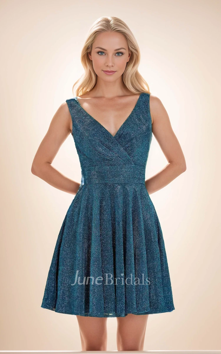 Formal Sparkly Glitter Short A-Line Ink Blue Homecoming Dress Pretty Cute Sleeveless V-Neck Corset Back Mini Prom Dress