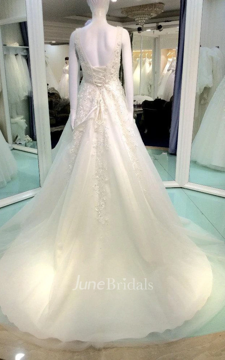 V-Neck Sleeveless A-Line Tulle Wedding Dress With Beaded Lace Bodice