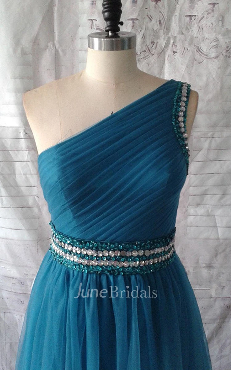 A-line One-shoulder Tulle Dress With Pleats And Beading
