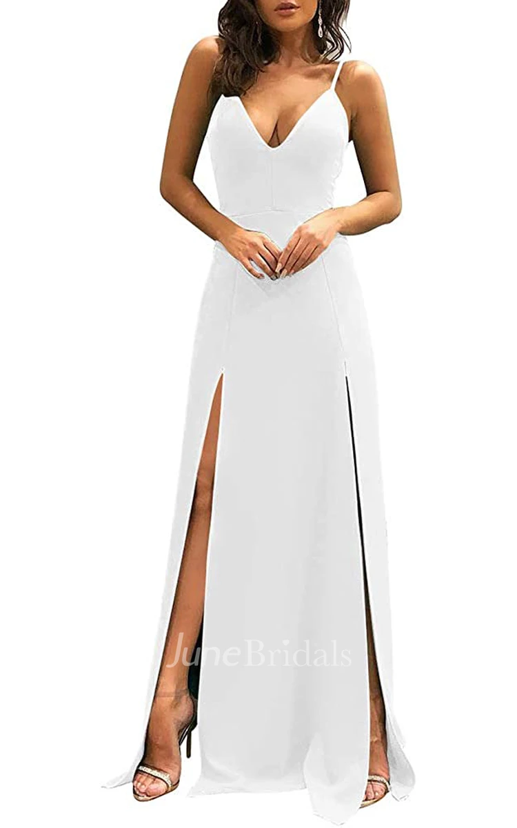 A Line V-neck Satin Sleeveless Formal Dress With Split Front