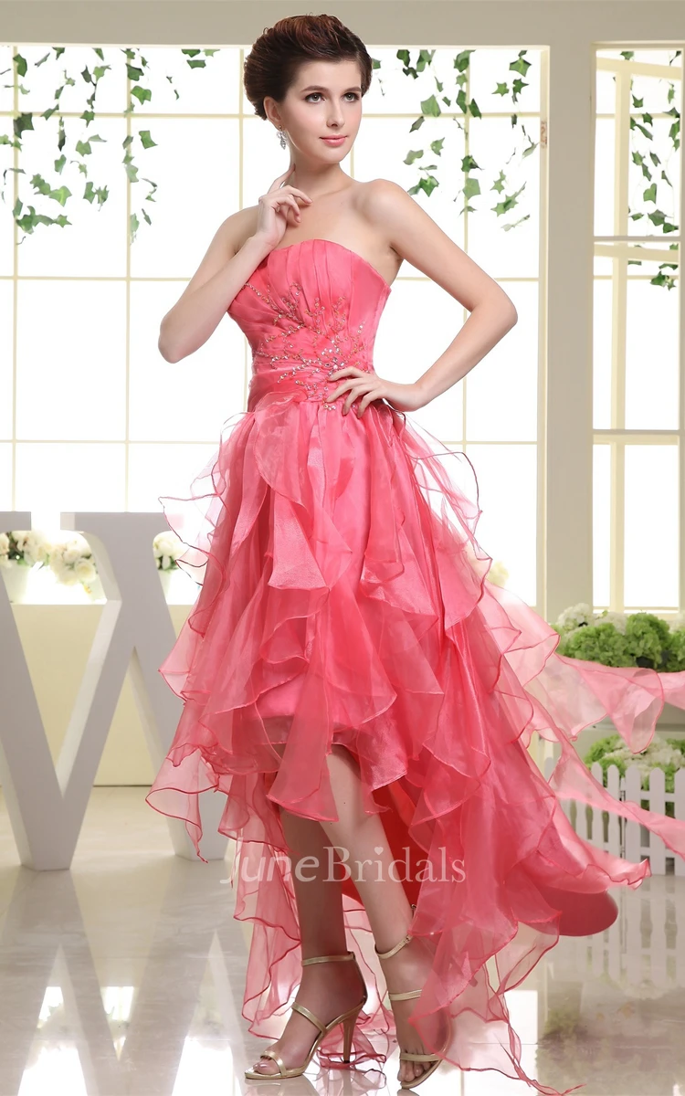 Strapless High-Low Dress with Beading and Cascading Ruffles