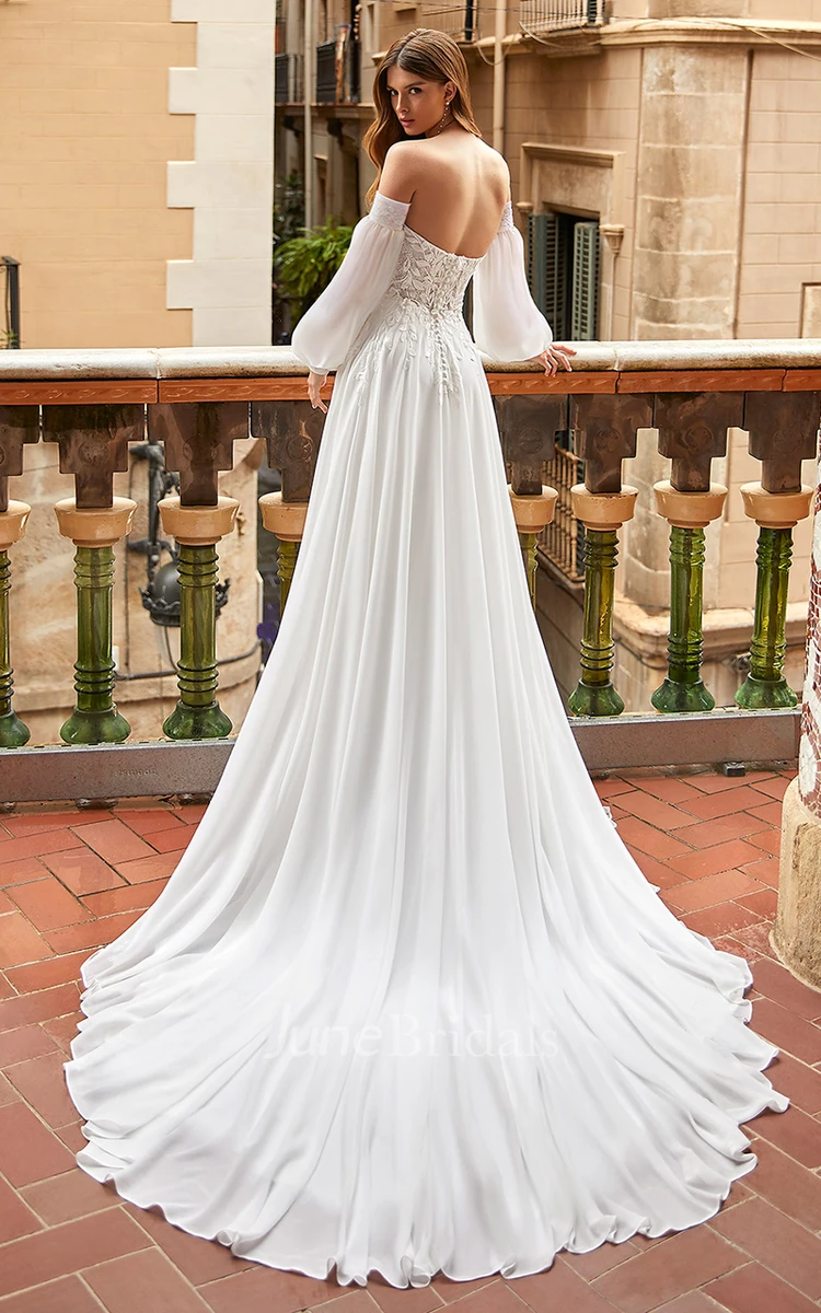 V-neck Casual Beach A-Line Wedding Dress With Zipper Back And Appliques