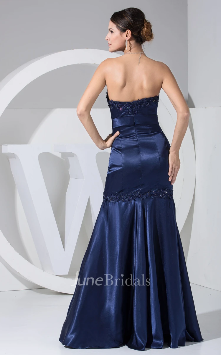 Satin Strapless Sheath Dress With Appliques