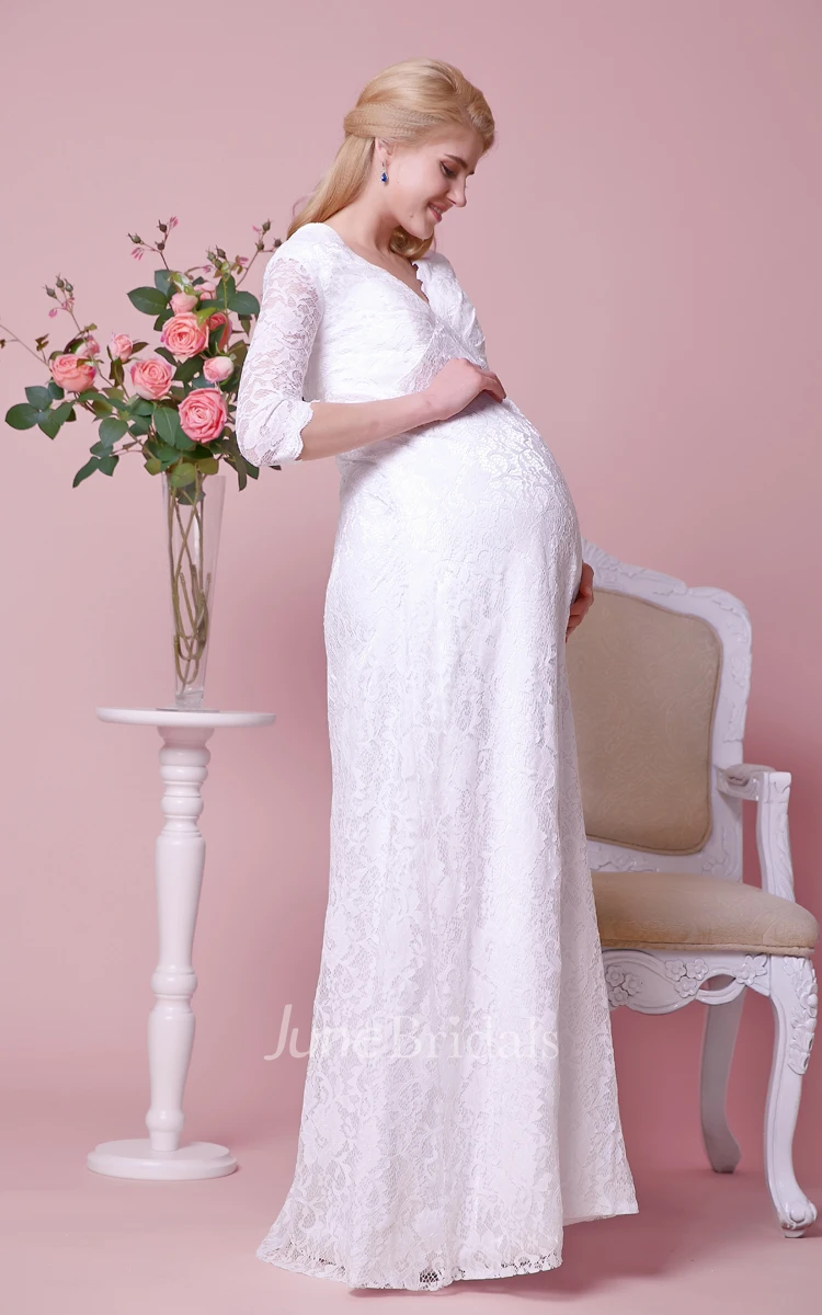 Allover Lace V-neck Floor Length Maternity Wedding Dress With 3 4 Sleeves