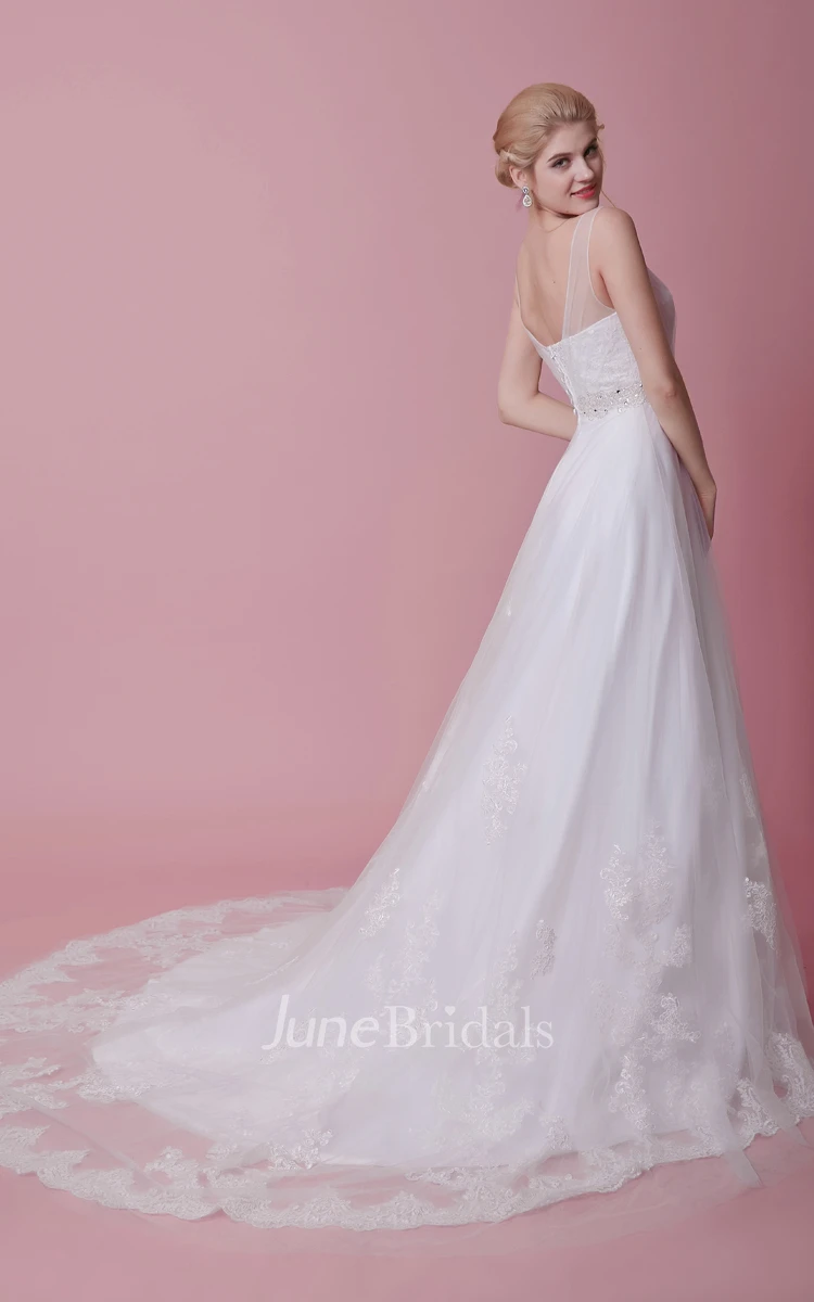 Lace-Appliqued Tulle Dress With Beaded Waist and Illusion Straps