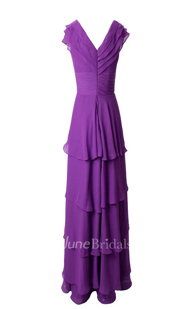 Cap-sleeved Tiered Long Chiffon Dress With Sequins