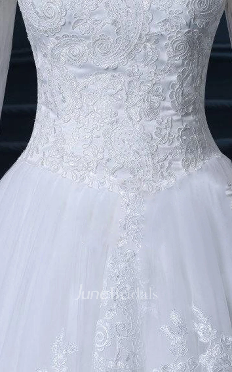High Neck Long Sleeve Cathedral Train Tulle Lace Dress With Button