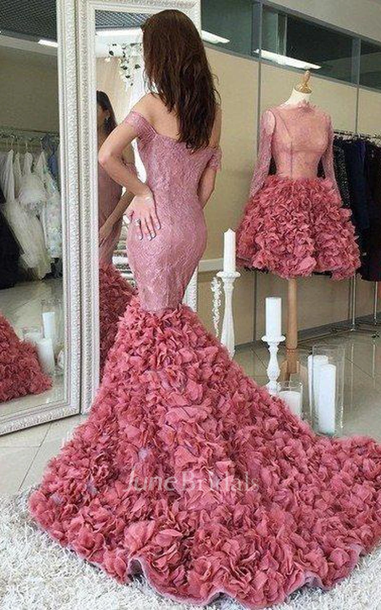 Glamorous Off-the-shoulder Lace Prom Dresses Mermaid Ruffles Party Gowns