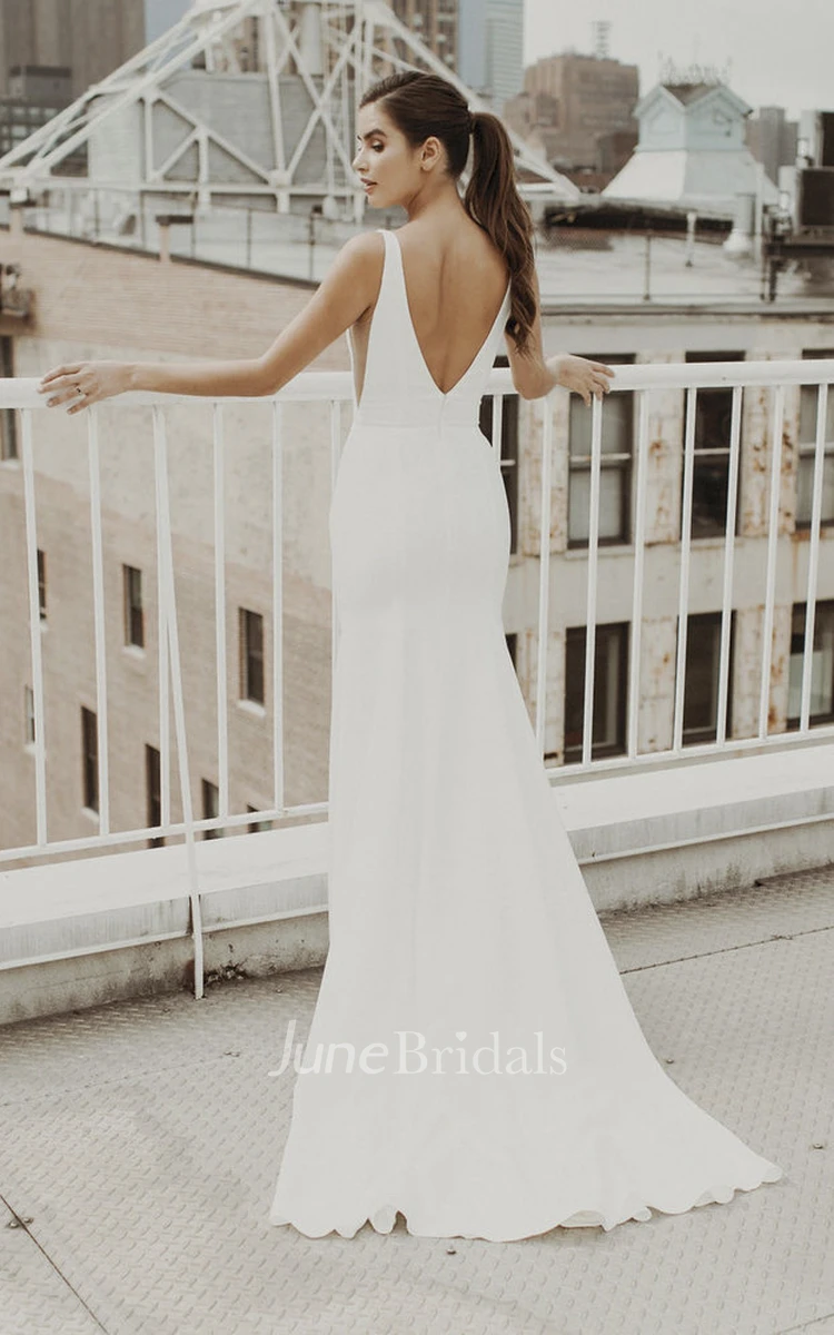 Sexy V-neck Mermaid Satin Wedding Gown With Train And Deep V-back