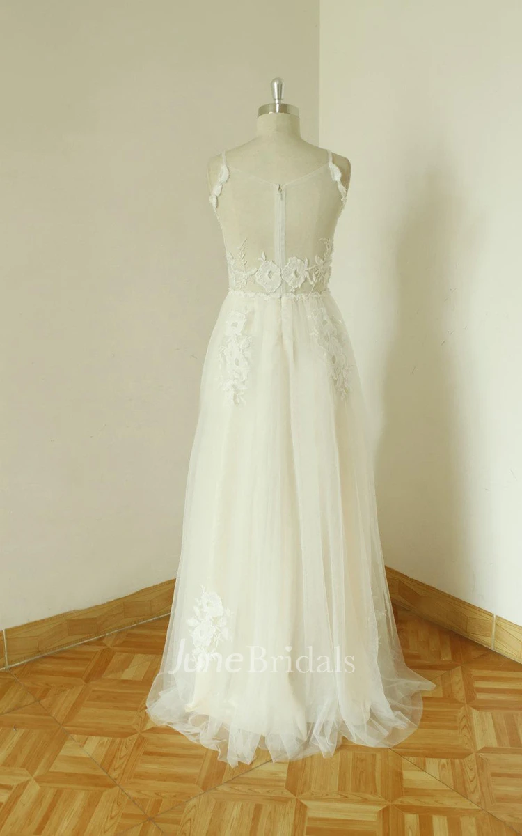 Spaghetti Neck A-Line Floor-Length Tulle Wedding Dress With Appliques