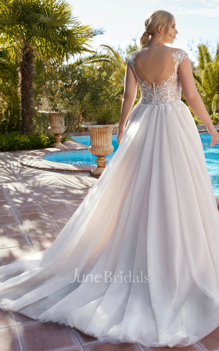 Simple A-Line Lace V-neck Chiffon Wedding Dress With Deep-V Back And Cap Sleeves