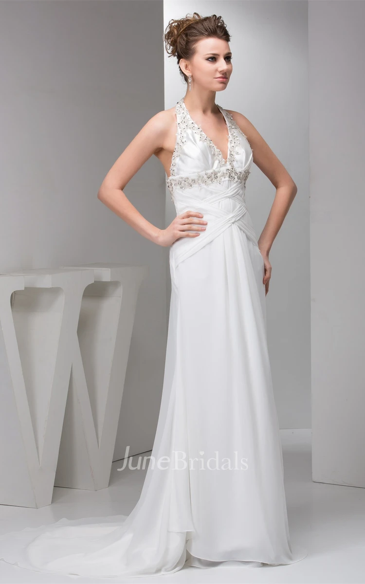 Plunged Ruched Chiffon Maxi Dress with Beading and Halter