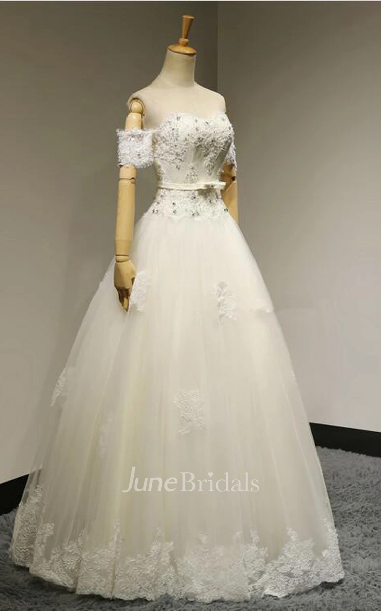 Off-the-shoulder A-line Long Wedding Dress With Beading And Appliques