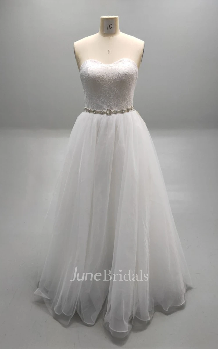 Sweetheart Pleated Tulle Ball Gown With Beaded Waistline and Lace Bodice