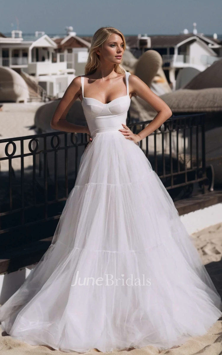 Ethereal Casual Tulle A-Line Straps Scalloped Neck Wedding Dress Sexy Elegant Solid Floor-length Sleeveless Open Back Bridal Dress