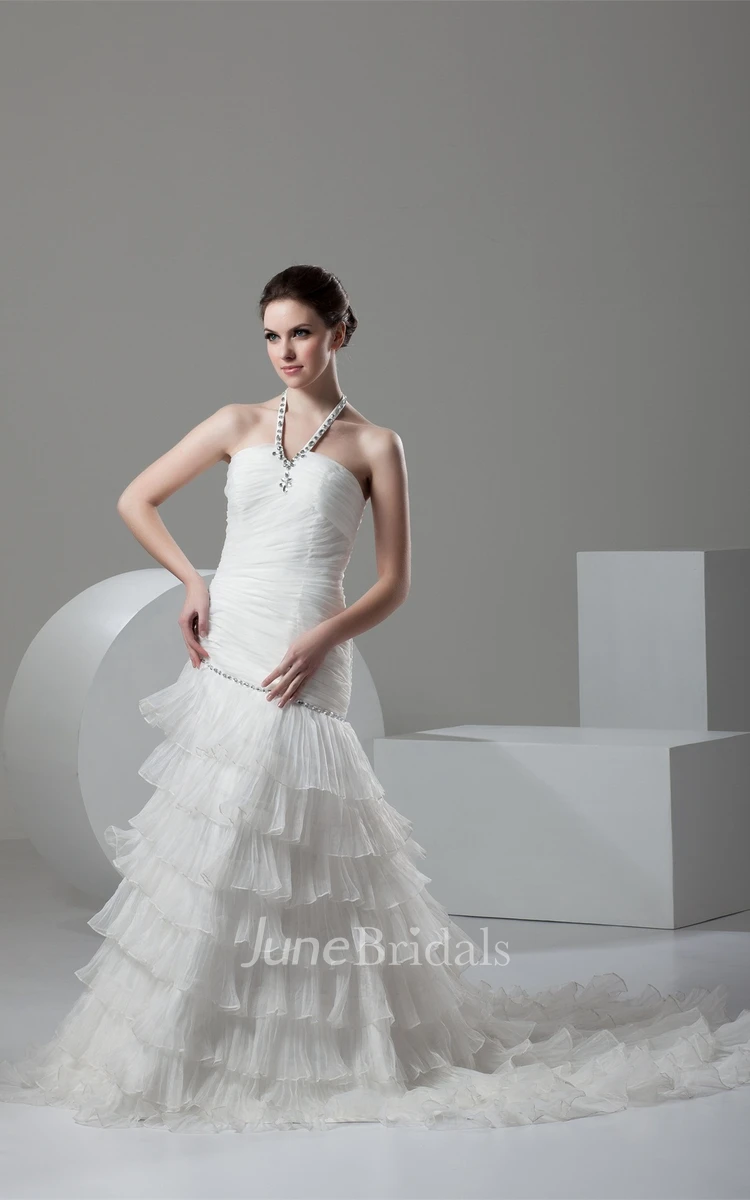 Sleeveless Ruched A-Line Dress with Beading and Tiers