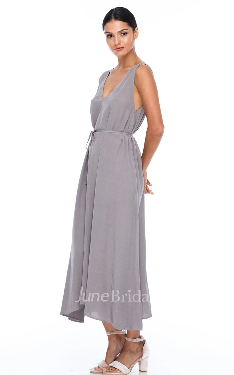 Simple Elegant A-Line V-neck Charmeuse Bridesmaid Dress With Open Back And Sash
