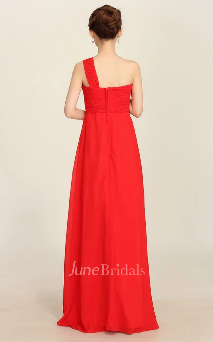 One-shoulder Long Chiffon Dress With Crystal and Flowers