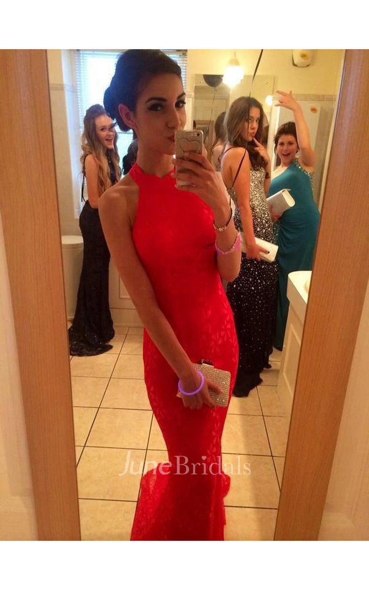 Lace Sexy Mermaid Prom Dress Red High-neck Sleeveless Evening Gowns