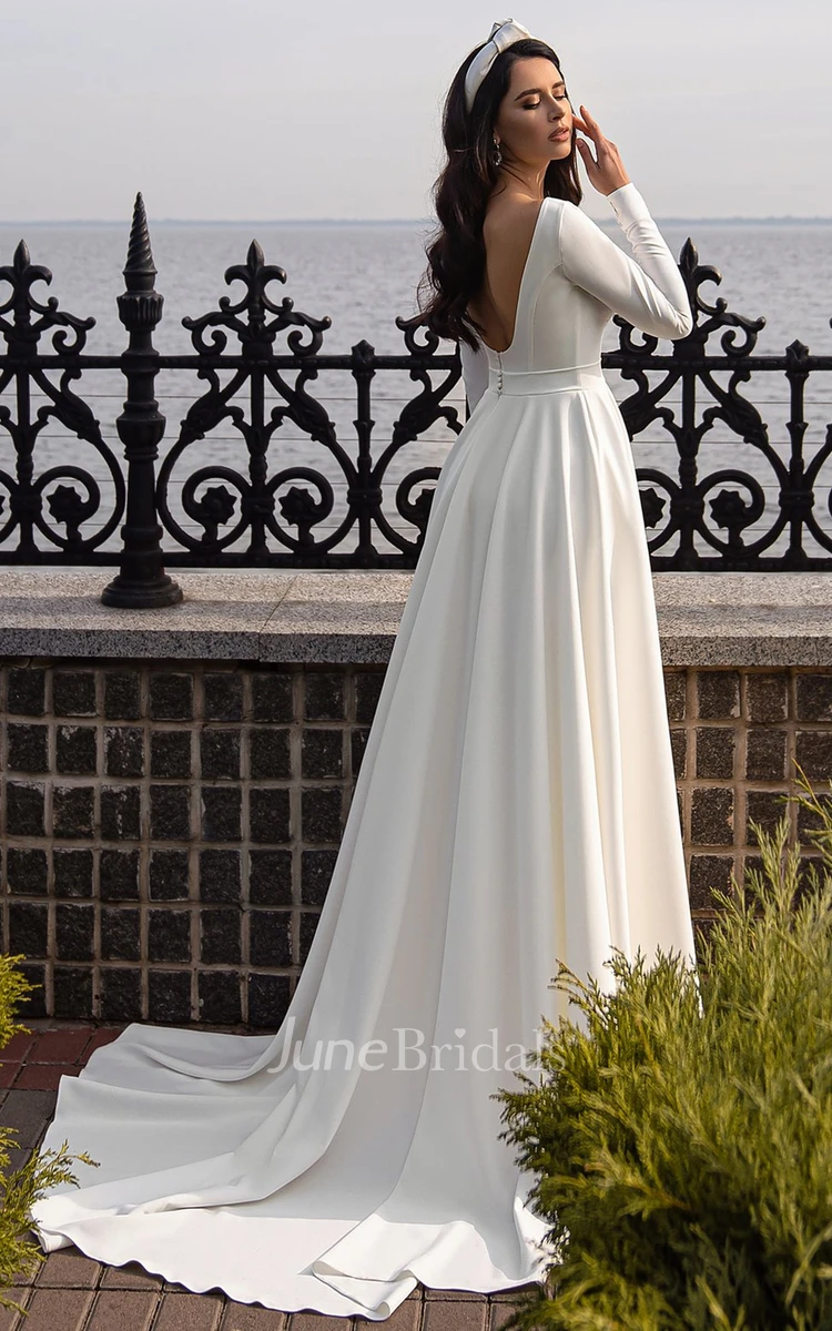 Modern A Line Jewel Neck Sweep Train Satin Wedding Dress with Ruching