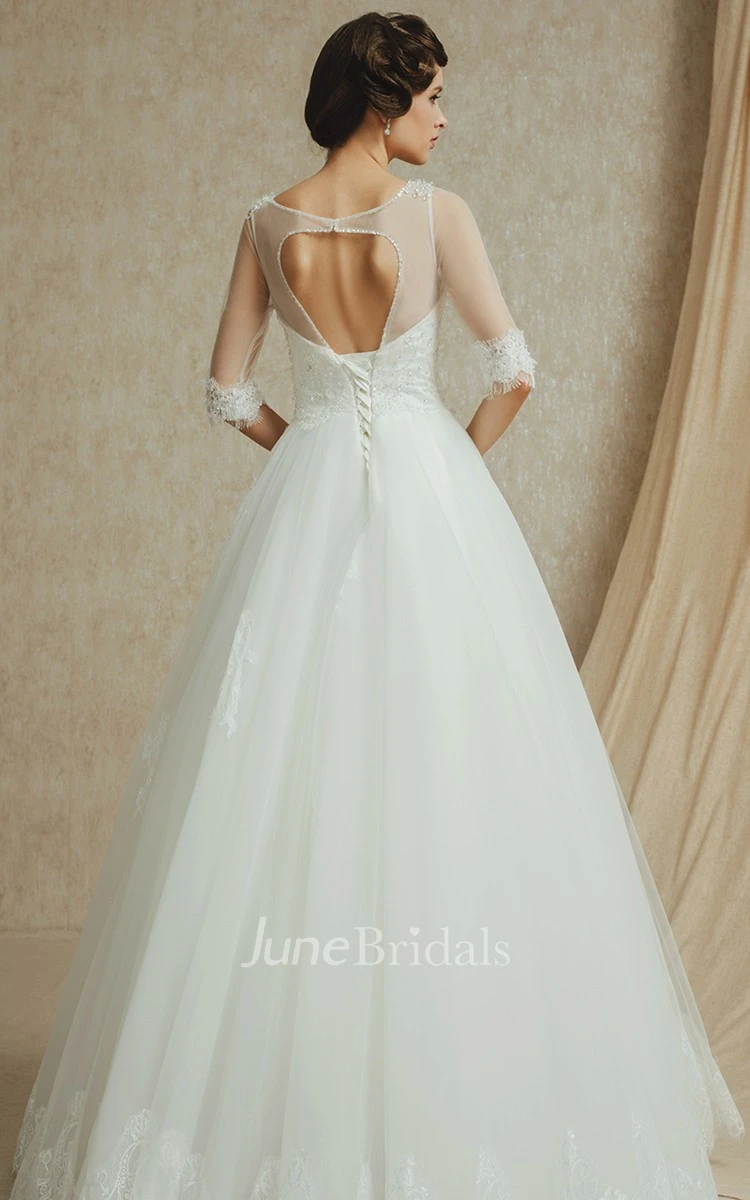 Noble 3 4 Sleeve A-line Organza and English Net Gown With Beading