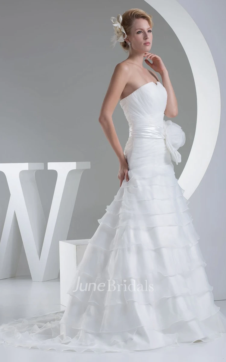 Strapless Notched A-Line Dress With Flower and Tiers