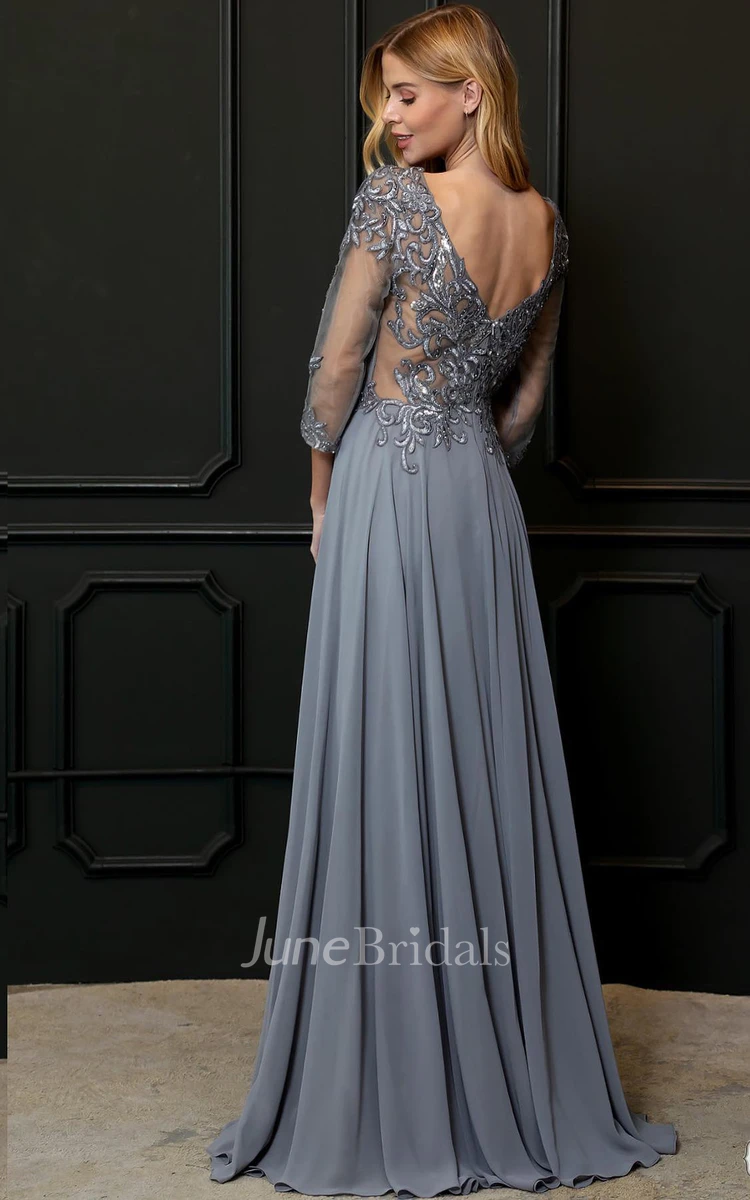 A-Line Chiffon Simple Bateau Neckline Evening Dress With Low-V Back And Appliques