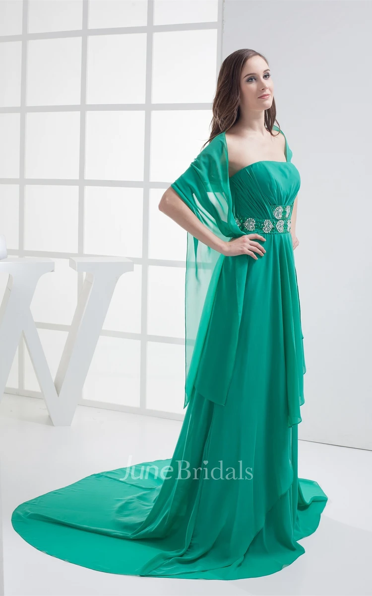 Side Draping Strapless Ruched Gown with Beaded Sash Detachable Cap Sleeve