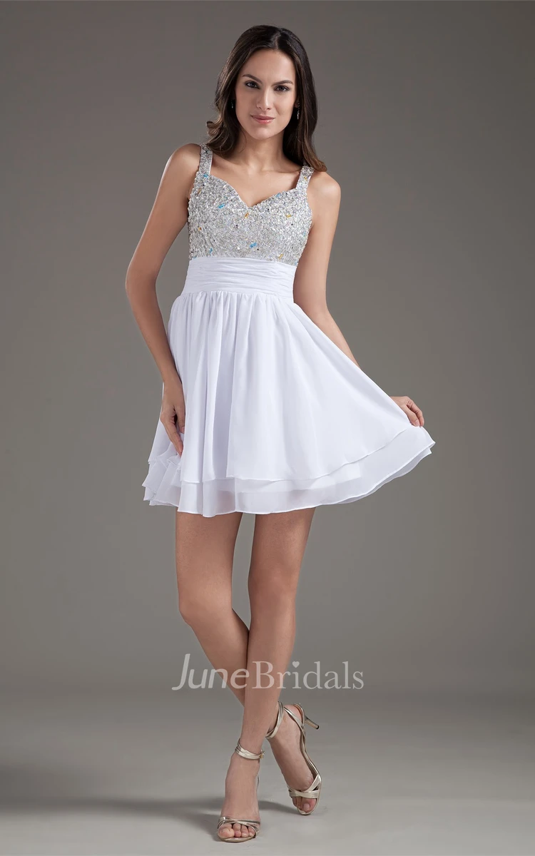 strapped a-line mini dress with jeweled top and pleats