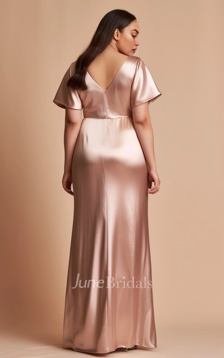 Plus Size 2023 Sheath Satin Short Sleeve Bridesmaid Dress Simple Casual Sexy Ethereal Modern V-neck Floor-length