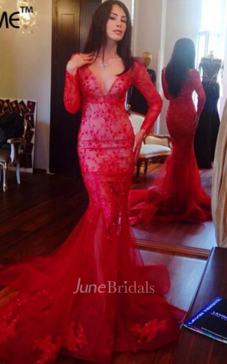 Glamorous V-neck Red Mermaid Prom Dress Long Sleeve With Lace Appliques